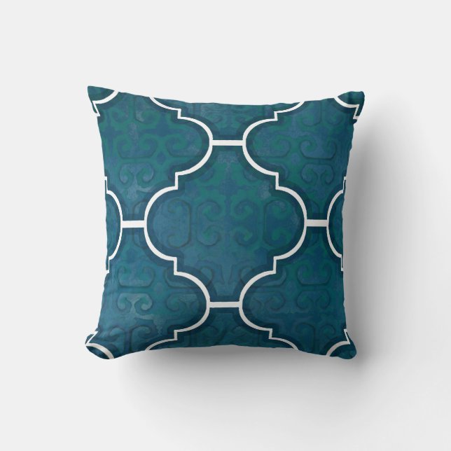 Navy Green Arabesque Scroll Pattern Moroccan Tile Cushion (Front)