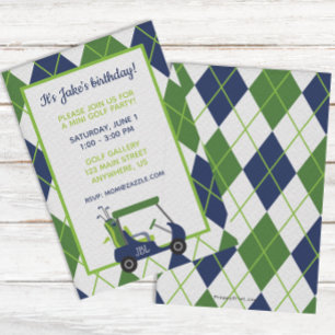 Navy & Green Argyle Golf Party Invitations