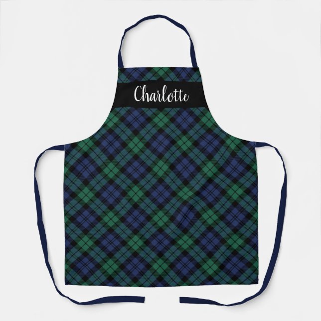 Navy Green Black Watch Plaid Personalised Holiday Apron (Front)
