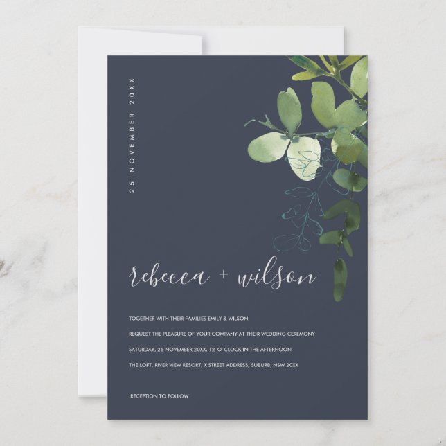 NAVY GREEN EUCALYPTUS FOLIAGE WATERCOLOR WEDDING INVITATION (Front)