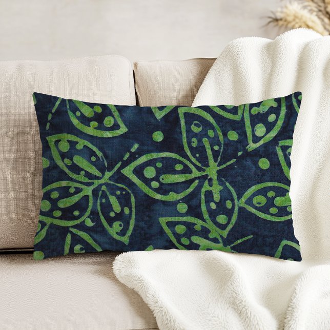 Navy Green Foliage Boho Batik Look Decorative Cushion (Creator Uploaded)