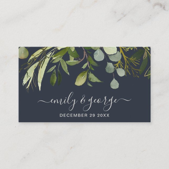 NAVY GREEN FOLIAGE WATERCOLOR WEDDING WEBSITE RSVP BUSINESS CARD (Front)