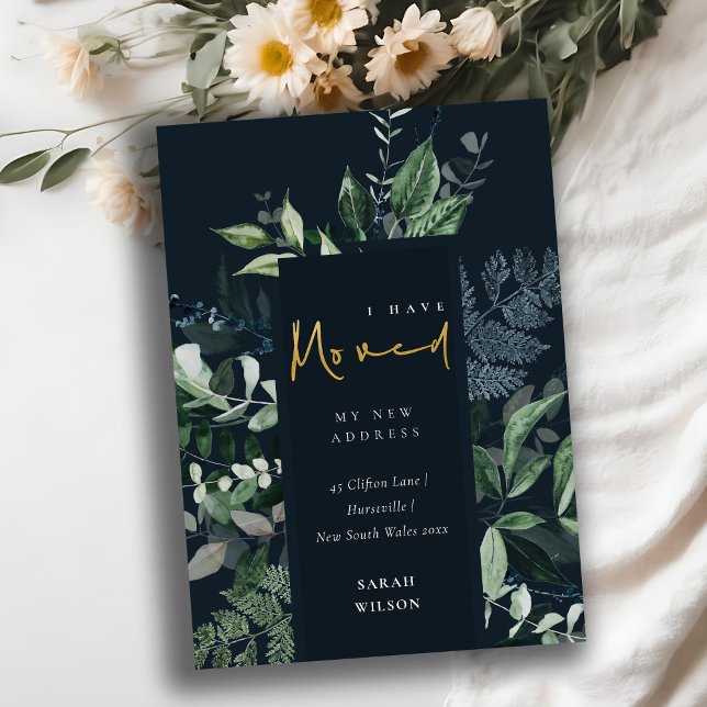 Navy Green Gold Greenery Frame I have Moved Card (Creator Uploaded)