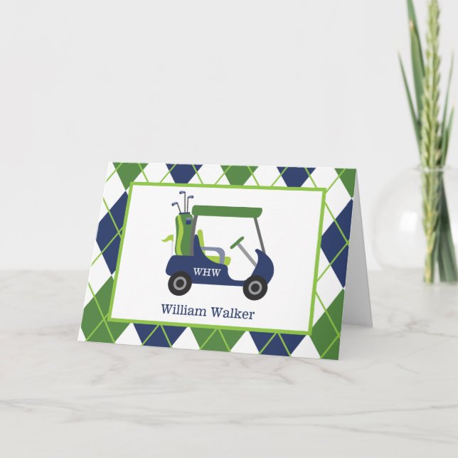 Navy & Green Golf Personalised Folded Note Cards (Front)