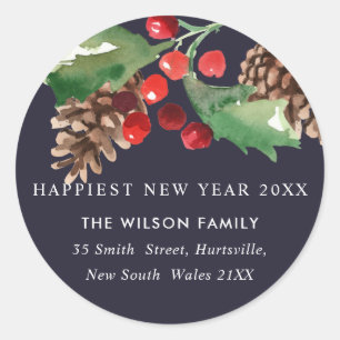 NAVY GREEN HOLLY BERRY PINE CONE NEW YEAR ADDRESS CLASSIC ROUND STICKER