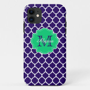 Navy Green Quatrefoil Personalised iPhone 11 Case