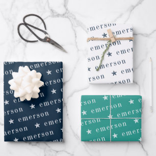 Navy Green Repeating Monogram Name Star Wrapping Paper Sheet