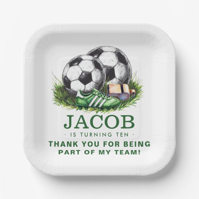 Navy green Soccer Kids Watercolor Paper Plate (Front)