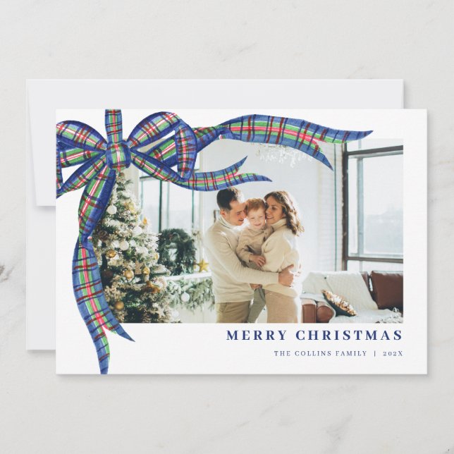 Navy Green Tartan Bow Christmas Photo Holiday Card (Front)