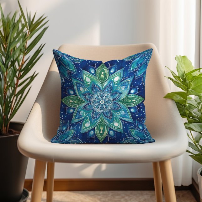 Navy Green Turquoise Mandela Boho Cushion (Navy Green Turquoise Mandela Boho Throw Pillow)