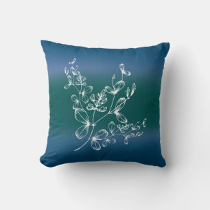 Navy & Green Watercolor Wide Stripes Wildflowers Cushion