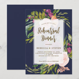 navy greenery floral rehearsal dinner invitation