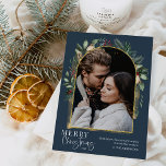 Navy Greenery Gold Modern Arch Christmas Photo Holiday Card<br><div class="desc">This design features a modern greenery arch with a delicate glitter gold frame & gold brush strokes with a single vertical photo. To make advanced changes,  please select 'Click to customise further' option under 'Personalise this template' section. Here,  you can edit/add text boxes,  colour and font.</div>