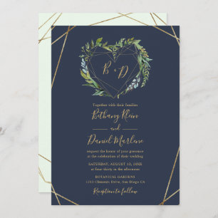 Navy Greenery with Geometric Heart Frame Wedding Invitation