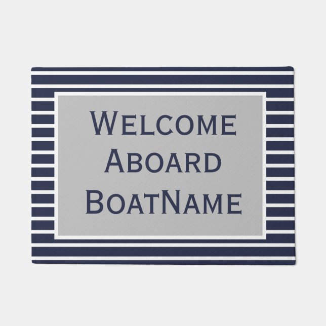 Navy Grey and White Welcome Aboard Boat Doormat (Front)