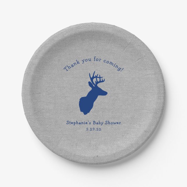Navy Grey Buck baby shower decor, oh deer Paper Plate (Front)