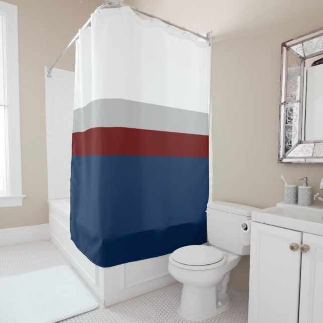 Navy, Grey Burgundy Colorblock Shower Curtain (In Situ)