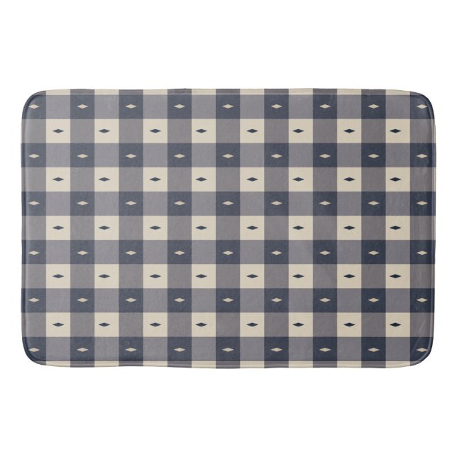 Navy Grey Chequerboard Diamond Pattern Bath Mat (Front)