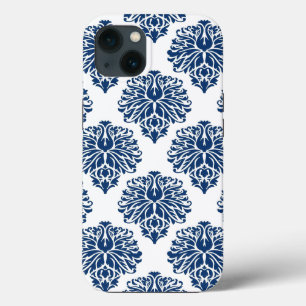 Navy Grey Elegant Damask iPhone 13 Case