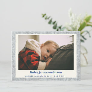 Navy Grey Linen Texture Minimalist Baby Photo Boy Announcement