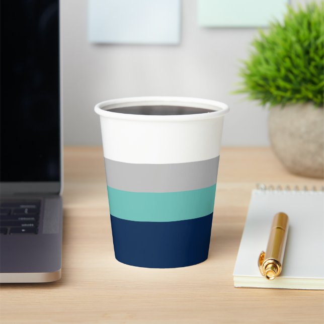 Navy, Grey Teal Colorblock Stripes Paper Cups (Insitu)