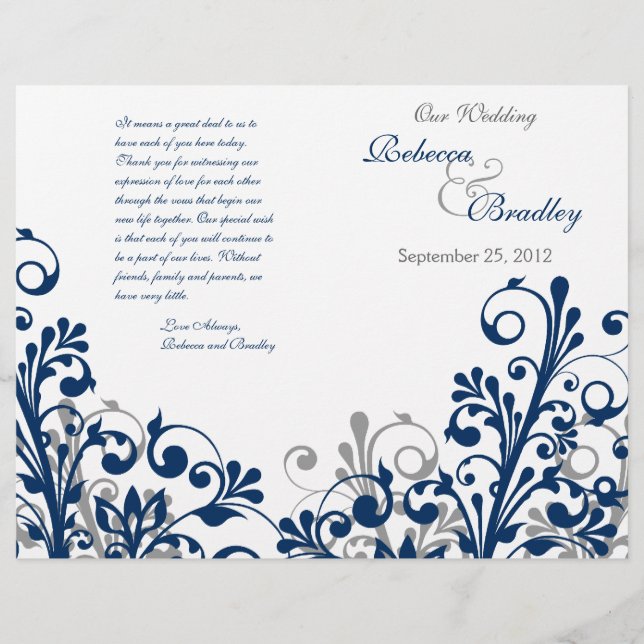 navy grey white abstract floral wedding program (Front)
