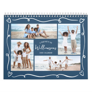 Navy Hand Drawn Doodle Hearts Script Photo Collage Calendar