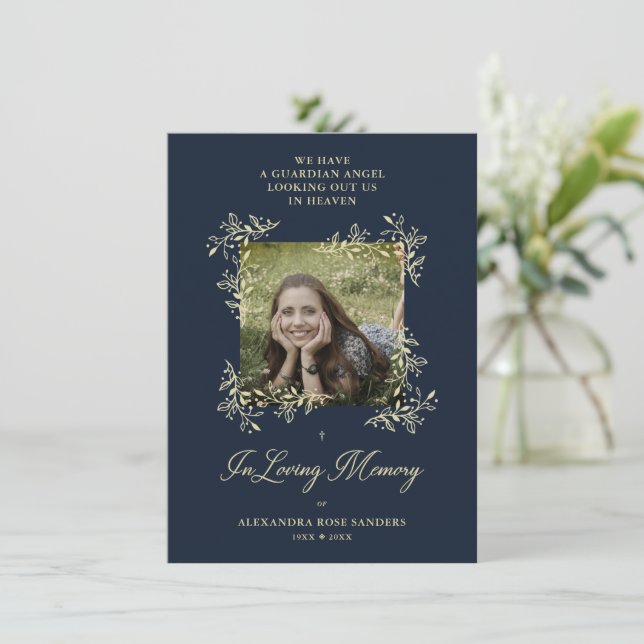 Navy Hand Lettered Chic Flourish Funeral Memorial Card (Standing Front)