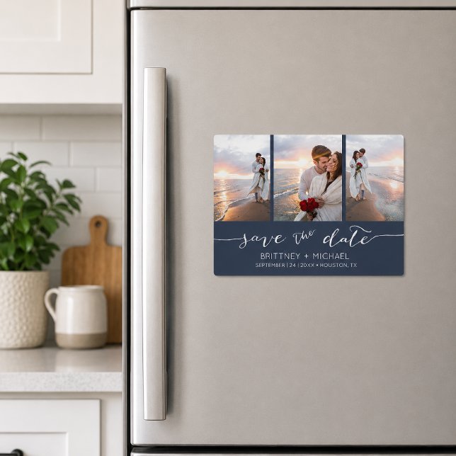 Navy Hand Lettered Photo Collage Save the Date (Elegant navy blue three photo save the date magnet featuring romantic handwritten script typography)