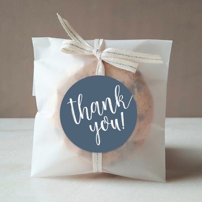 Navy Hand Lettered Script Thank You Classic Round Sticker (Creator Uploaded)