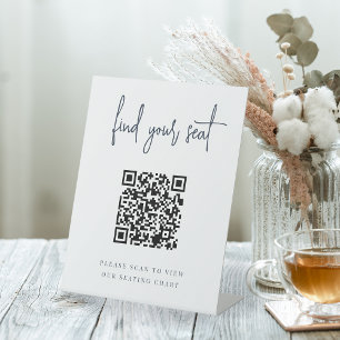 Navy   Handwritten Script QR Code Wedding Seating Pedestal Sign