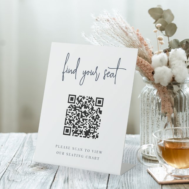 Navy | Handwritten Script QR Code Wedding Seating Pedestal Sign (Creator Uploaded)