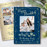 Navy Hanukkah 5 Photo Hand Drawn Doodles Real Gold<br><div class="desc">“Happy Hanukkah.” It's that time to touch base with your family and friends to celebrate Hanukkah and usher in the festival of lights. On the front, fun, whimsical real gold foil handwritten script typography and real gold foil hand drawn Hanukkah icon doodles, along with the photo of your choice, overlay...</div>