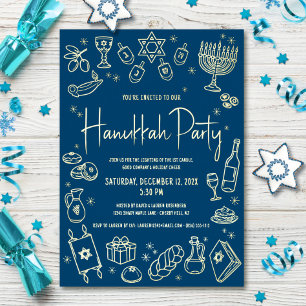 Navy Hanukkah Hand Drawn Doodles Party Real Gold