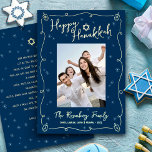 Navy Hanukkah Photo Hand Drawn Your Note Real Gold<br><div class="desc">“Happy Hanukkah.” It's that time to touch base with your family and friends to celebrate Hanukkah and usher in the festival of lights. On the front, fun, whimsical real gold foil handwritten script typography, Star of David, hand drawn Hanukkah dreidels and light turquoise blue sparkles, along with the photo of...</div>