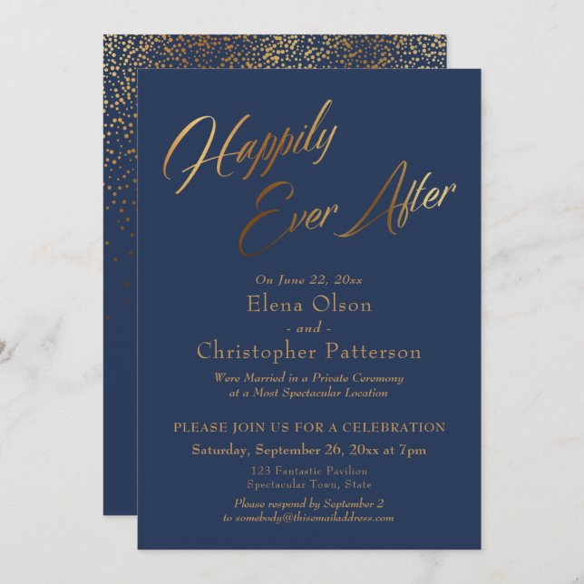 Navy Happily Ever After Gold Confetti Reception Invitation (Front/Back)