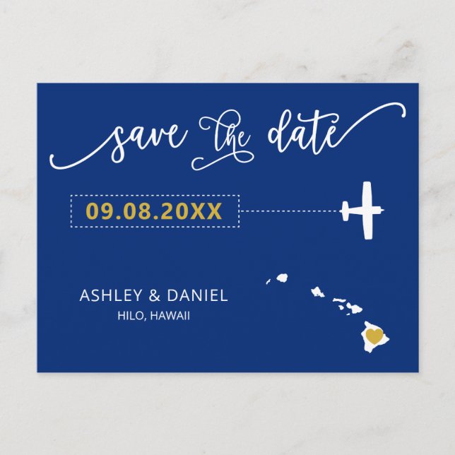 Navy Hawaii Wedding Save the Date Map Postcard (Front)