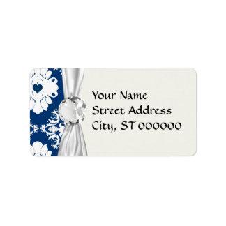 navy hearts blue white damask label