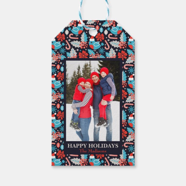 Navy Holiday Birds and Holly Photo Gift Tag (Front)