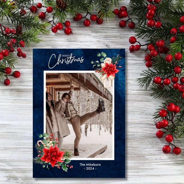 Navy Holly Berries Merry Christmas Photo Holiday Card (Creator Uploaded)