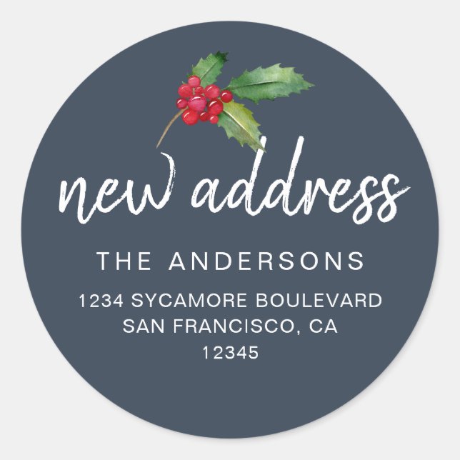 Navy Holly New Address Holiday Classic Round Sticker (Front)
