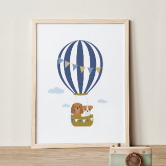 Navy Hot Air Balloon Dogs Nursery Decor Poster
