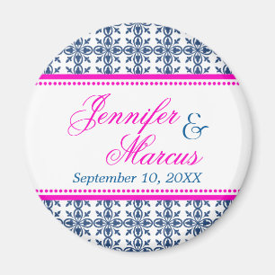 Navy hot pink filigree fancy wedding save the date magnet