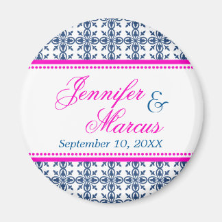 Navy hot pink filigree fancy wedding save the date magnet