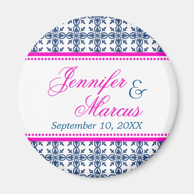 Navy hot pink filigree fancy wedding save the date magnet (Front)