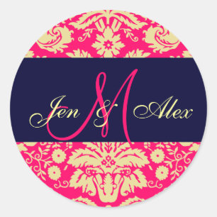 Navy & Hot Pink Monogram Damask Wedding Seal