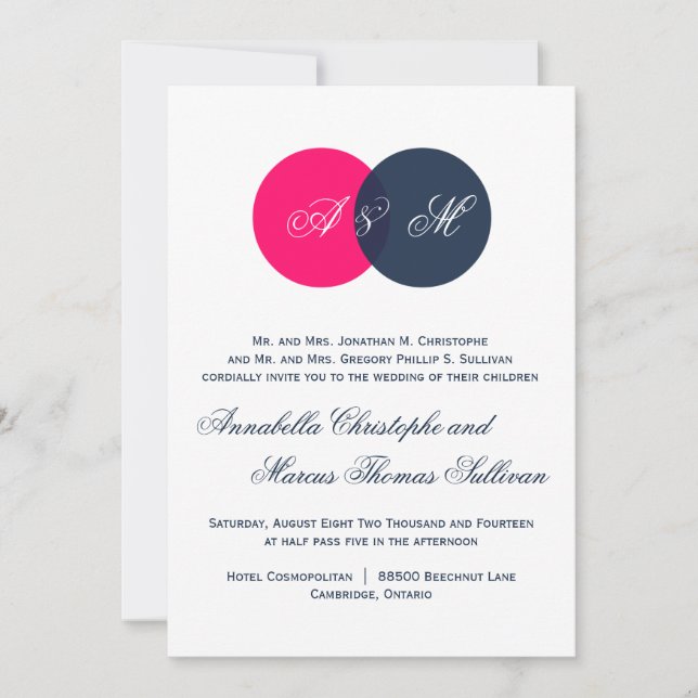 Navy & Hot Pink Twin Monograms Wedding Invitation (Front)