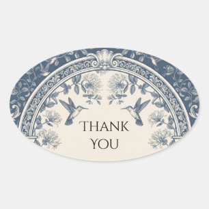 Navy Hummingbird Floral Wedding Thank You Oval Sticker