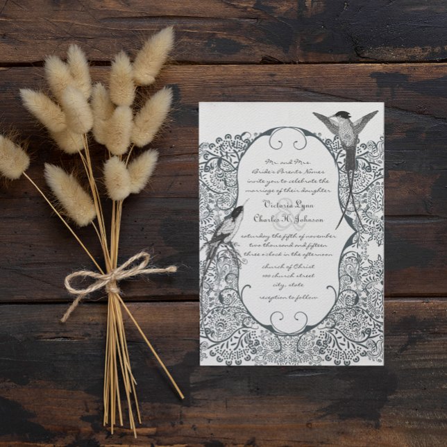 Navy Hummingbird Love Bird Pattern Wedding Invites (Creator Uploaded)
