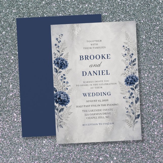 Navy Hydrangea Forget Me Not Silver Wedding Invitation (Creator Uploaded)
